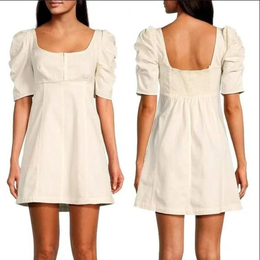 Free People Cheyenne Smocked Short Puff Sleeve Denim Mini Dress Size Large